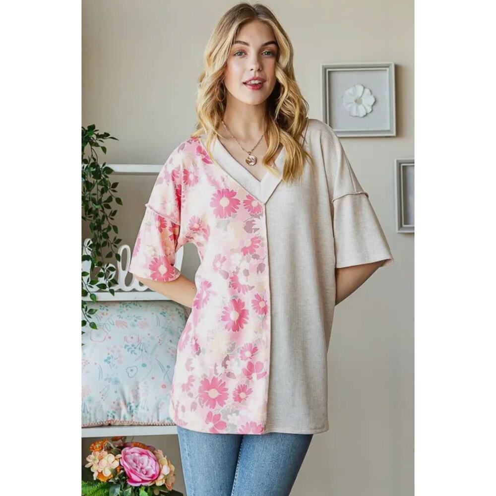 Solid and Floral Top-Peach - Picture 3 of 11